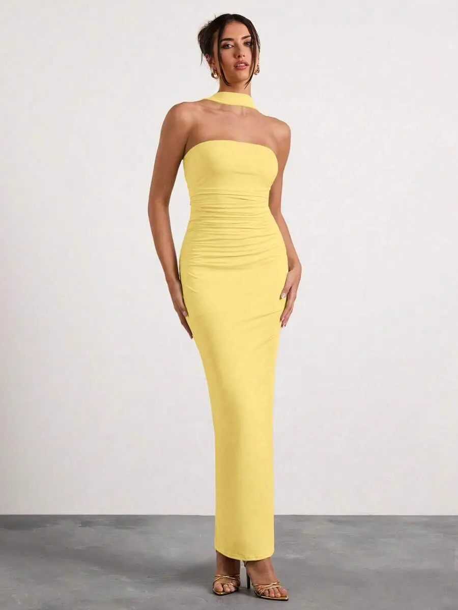 Glamine Beige Color Off The Shoulder Ruched Halterneck Maxi Dress,Holiday Party Carnival Dress,Date Night Glamine Beige Color Off The Shoulder Ruched Halterneck Maxi Dress,Holiday Party Carnival Dress,Date Night