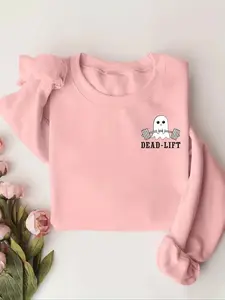 Women's Ghost & Dumbbell Print Crew Neck Pullover, Casual Long Sleeve Sweatshirt for Fall & Winter, Women's Clothes for Daily Wear
