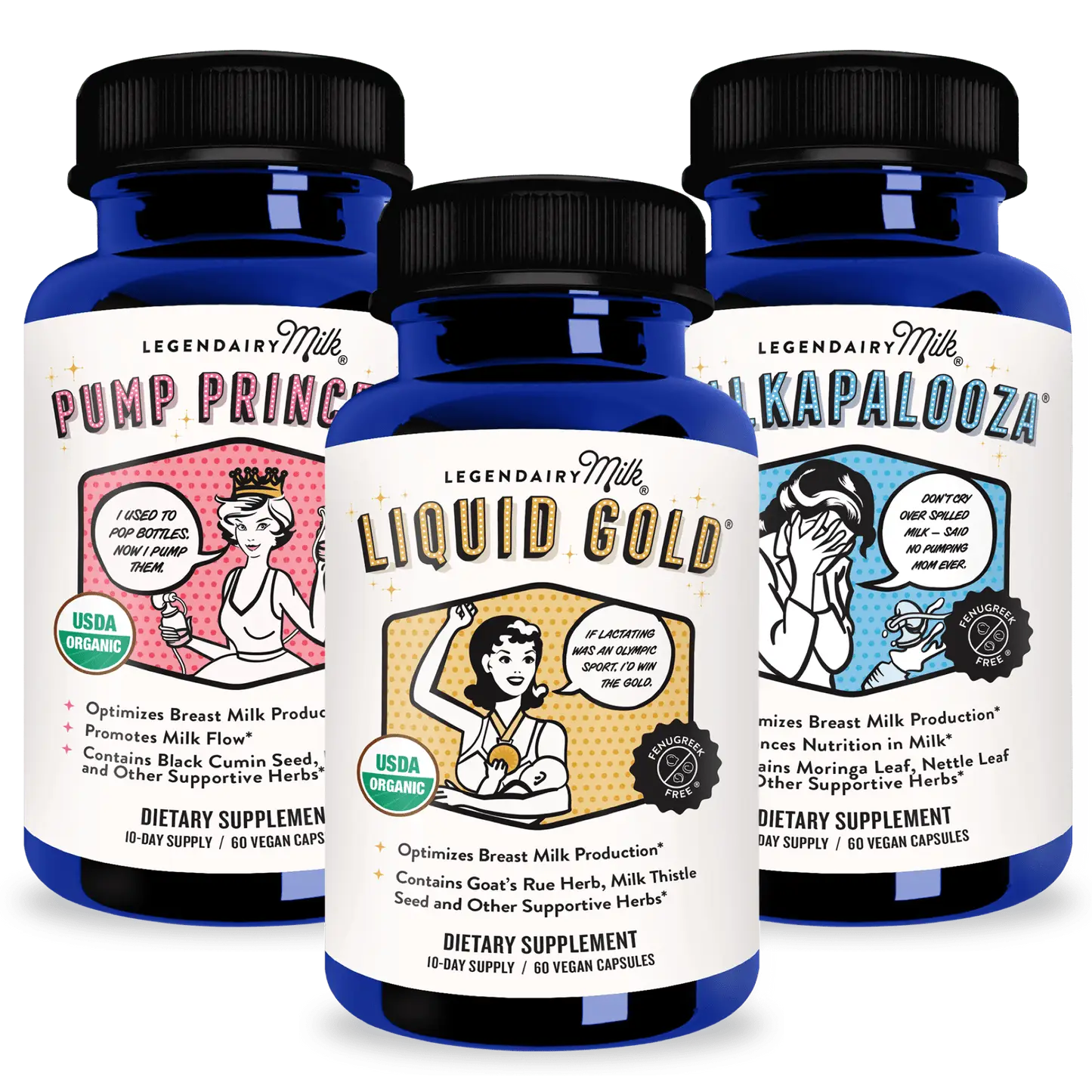 Lactation Bundle - Legendairy Milk - Lactation - Pump Princess, Liquid Gold, & Milkapalooza - USDA Organic Dietary Supplement Capsules