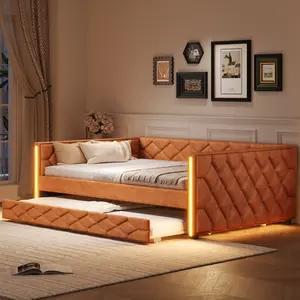 Full XL Size Faux Leather Upholstered Daybed with Trundle and LED Light, Modern Sleeper Bed Frame, No Box-Spring Needed, Brown for Living Room, Bedroom