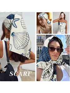 Blue Nautical Shell Star Satin Towel for Women, Beach Vacation Essential, Summer Coastal Accessory, Retro Hair Scarf, Square Scarf