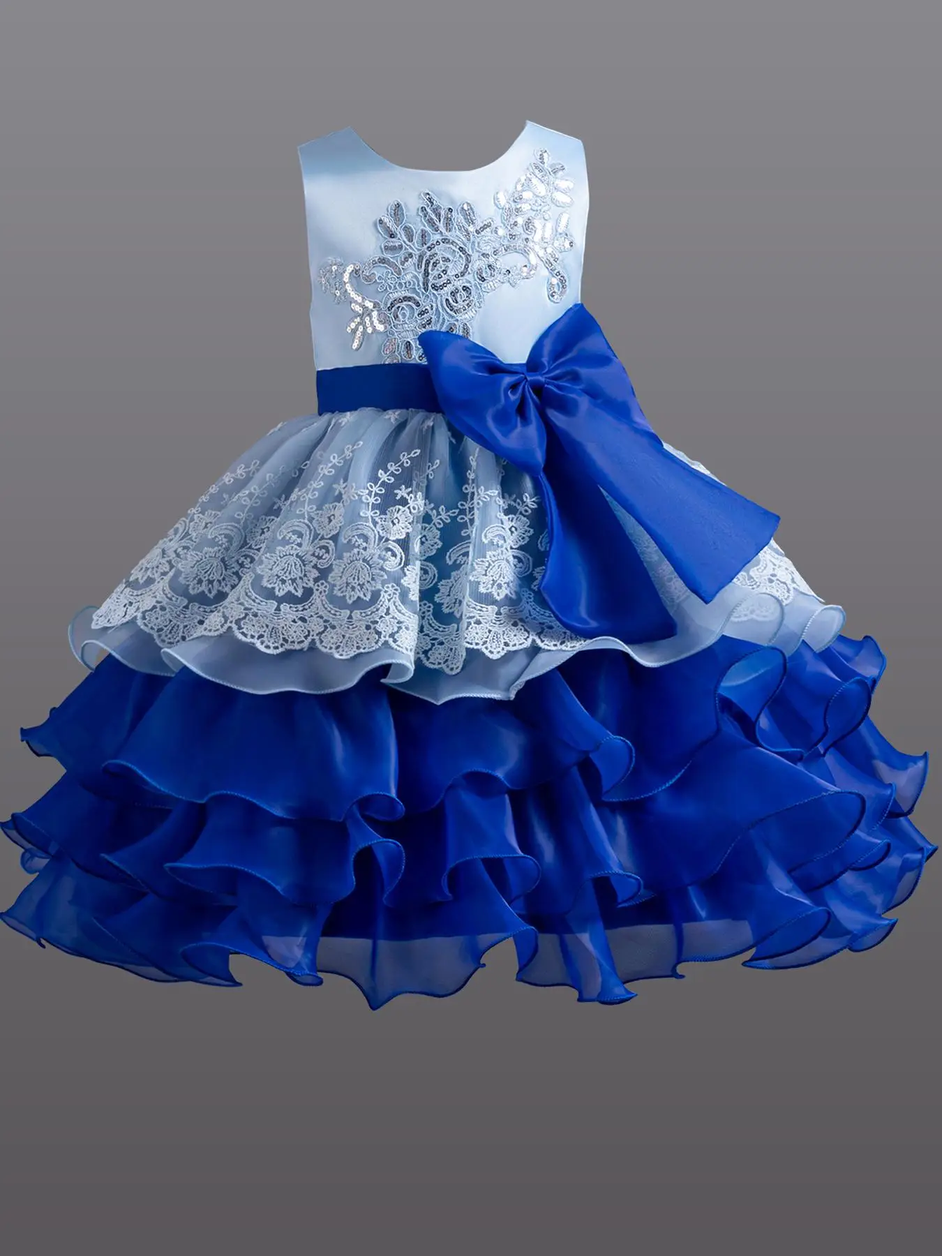 Girl's Patchwork Sequin Embroidered Bow Decor Layered Hem Dress, Elegant Sleeveless Round Neck A Line Dress for Party Wedding Guest, Kids Clothes for