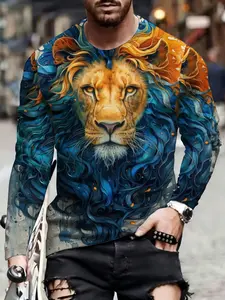 long sleeves Lion Head Blue Waves Art T-shirt Lion Face With Blue Waves And Orange Accents men's Autumn and Winter leisure sports, long-sleeve Fitted leisure T-shirt with a round neck, leisure wear Streetwear Menswear