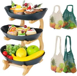 3 Tiered Fruit Basket with 4Pcs String Bags, Plastic Wooden Frame Candy Plate, Decorative Tiered Fruit Basket for Vegetable Storage, Snack Dessert Cake Tray Plate Rack for Party Wedding