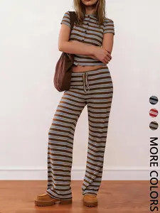 Women's Button-Front Top & Drawstring-Waist Pants, Crew Neck Short-Sleeve Relaxed-Fit Striped Rib-Knit Set, Womenswear, Adjustable, Ideal for Casual Outings/Weekend Hangouts/Everyday Wear
