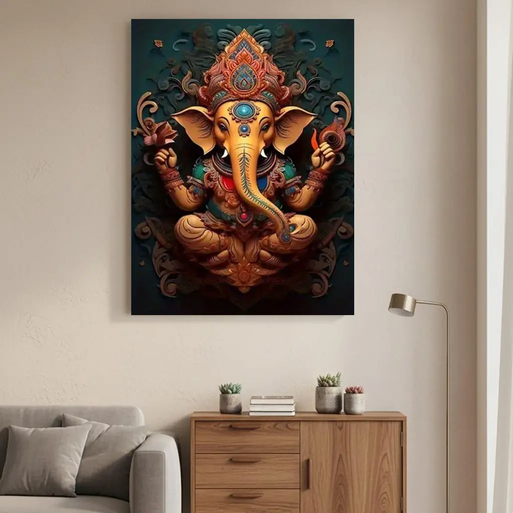 1pc Framed Lord Ganesha Glossy Canvas Wall Painting - 16x24inch(40x60cm),12x18inch,20x30inch(50x75cm) Multi-Size Thick Hindu Deity Print, Wooden Frame, Modern Minimalist Decorative Home Decor, Ready-to-Hang Living Room Accent, Spiritual Gift