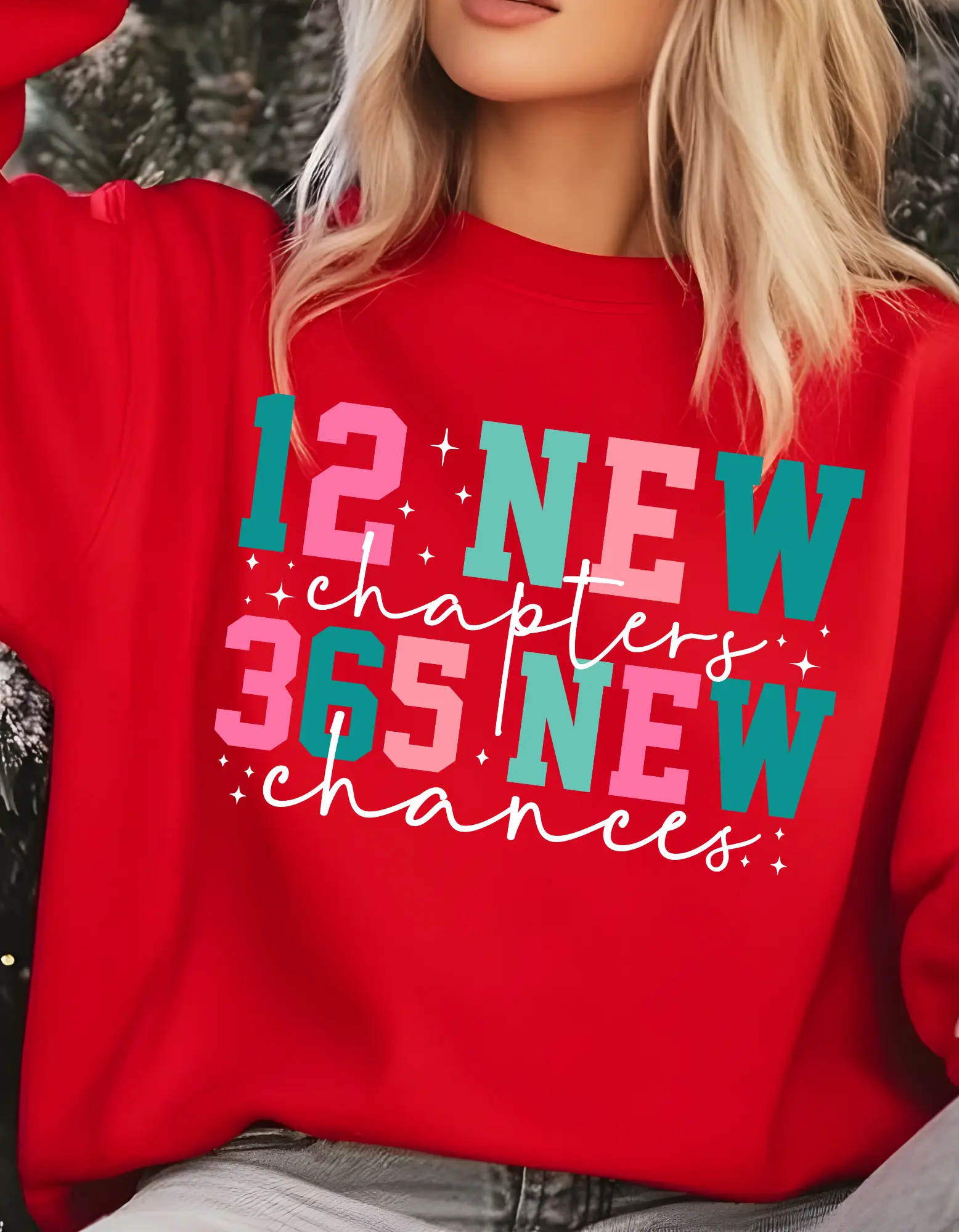 New Year "365 New Chances" Sweatshirt - Red, Polyester, Print, Comfortable Fit, Ideal for Women