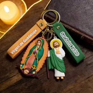 San Judas Tadeo Keychain Virgen de Guadalupe Llavero Cute 3D Silicone Wristlet Catholic Religious Gift Bag Charm Saint Jude Protection