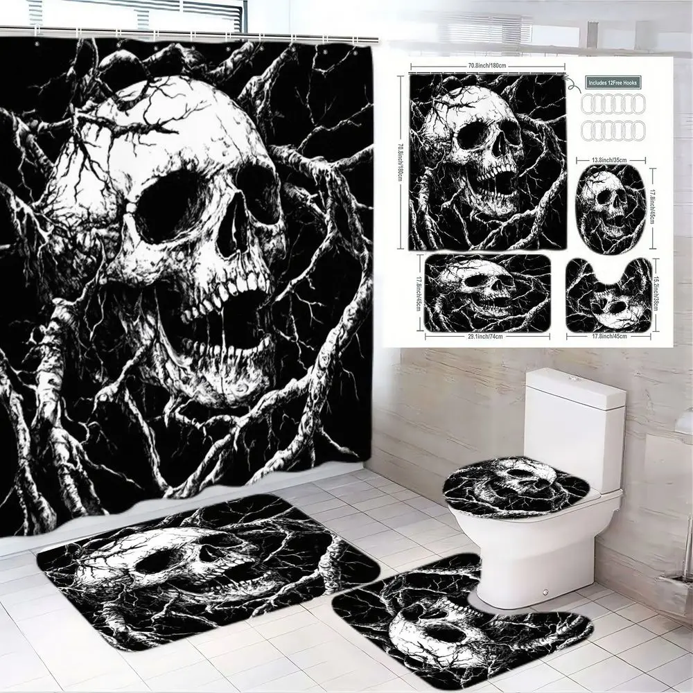 1/4pcs Gothic Skull Removable Shower Curtain Set, Bathroom Shower Curtains, Black & White Skull with Cracked Texture, Matching Bath Mat & Toilet Seat Cover - Perfect for Halloween, Goth Home Decor, Dark Bathroom Aesthetic, Bathroom Decoration Accessories