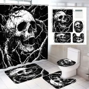 1/4pcs Gothic Skull Removable Shower Curtain Set, Black & White Detailed Skull with Cracked Texture, Matching Bath Mat & Toilet Seat Cover - Perfect for Halloween, Goth Home Decor, Dark Bathroom Aesthetic, Spooky Room Accent