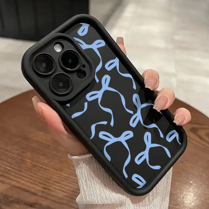 Cute Blue Ribbon Bowknot Pattern TPU Phone Case for iPhone 17 16 15 14 Pro Max 13 12 11 XR XS Plus Shockproof Non Slip Military-Grade Protection Silicone Cover Cellphone Protective Protector Casing