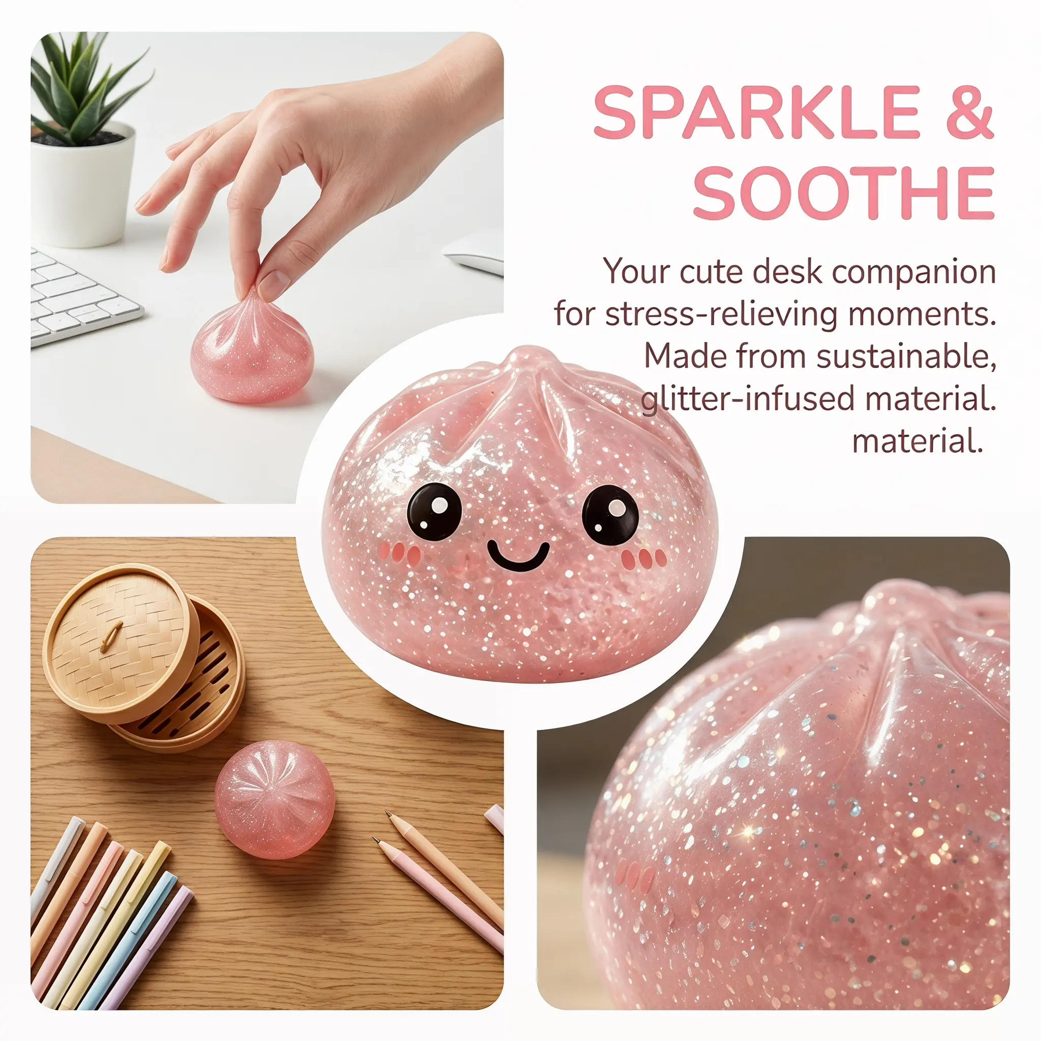 Juguete Squishy De Masa De Brillo Con Forma De Dumpling, Anti-Estrés Sensorial Para Niños Y Adultos Con Accesorio De Vaporera