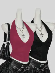 Deep V Neck Backless Top, Short Cut Design, Stylish & Comfortable Fit, Perfect for Casual Wear, Versatile Fashion Statement Piece