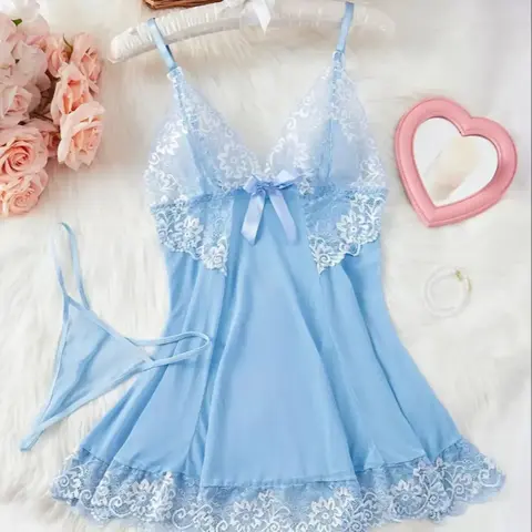 Women's 2-Piece Contrast Lace Floral Detail Nightwear Set, Sleeveless Bow Front Sexy Lingerie Lace Sleepwear, Adjustable Strap Nightgown & Solid Thong, Womenswear for Summer Daily Wear, Hand Wash Only