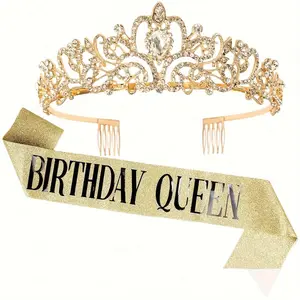 Birthday Queen Sash and Rhinestone Crown Set, Women's Party Decoration Kit, Sparkling Crystal Hairband, Cake Decorative Ornament, Tiaras
