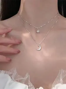 Silver Color Moon & Star Double Layer Necklace, Clavicle Chain for Girls, Perfect for Daily Wear & Parties, Ideal Dating Jewelry