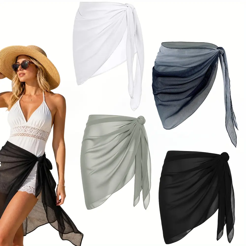 Women's 4pcs Sheer Lightweight Polyester Beach Sarong Wrap Skirt - 1 Size Swimwear Coverups, Tie-Your-Way Resort-Ready Set for Poolside Vacations