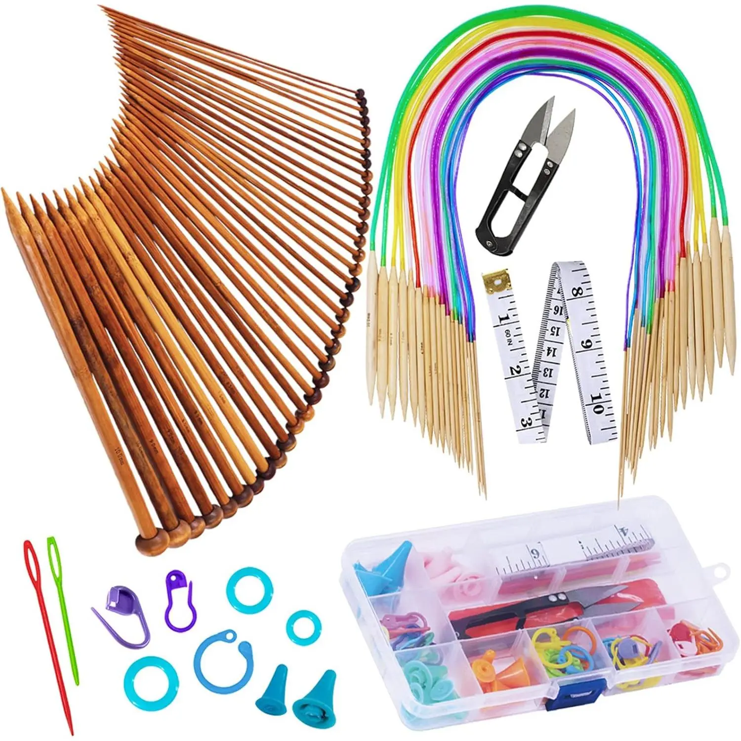 Knitting  Set, 18 Pairs Circular(31.5") Wooden Knitting  with Colored Plastic Tube, 36 count Single Pointed  Knitting (9.5"), Include Knitting Tools for Weaving
