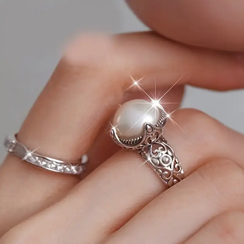 925 Sterling Silver Adjustable Dainty Pearl Ring - Bezel Setting Pearl Rings for Daily Wear & Special Occasions, Fashion Costume Jewelry Accessory, Bezel Setting Rings