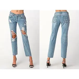 Distressed light wash denim jeans