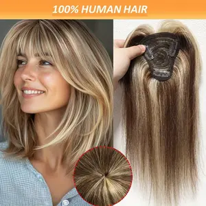 New Hot Sell Wholesale Women's Natural Looking Human Hair Topper with Bangs - Light Brown ( # 4P613) T-Shaped Hairpiece, Seamless Blending for Volume & Coverage, Everyday & Special Events - Compatible with All Light Beige Tones & Hair Types