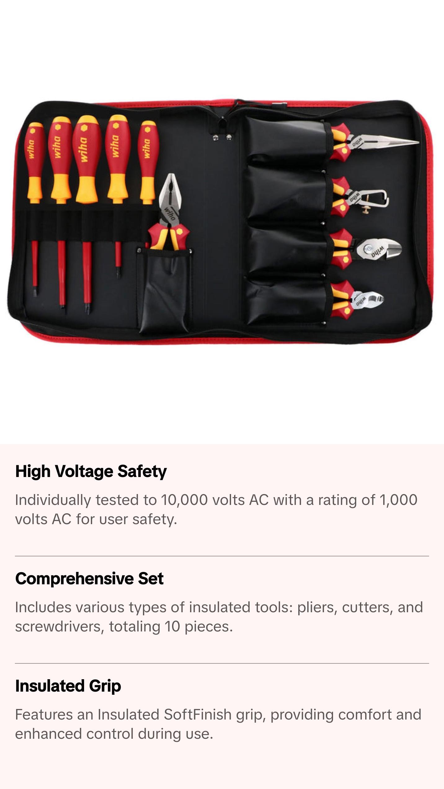 Wiha Tools 32891 Insulated Pliers / Cutters / Screwdrivers Set in Zipper Case, 10 Pc.