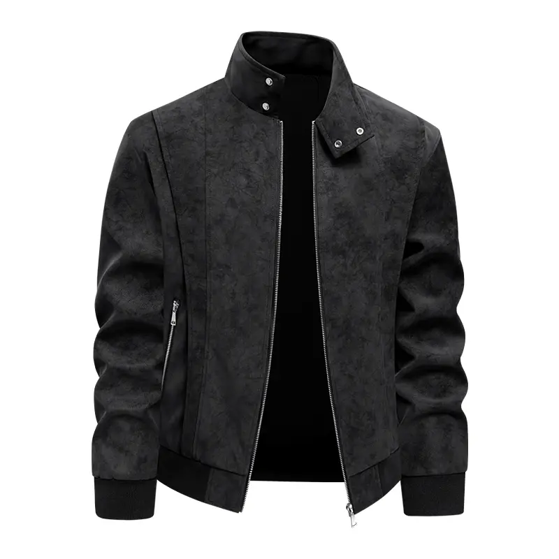 Men Faux Suede Bomber Jacket, Vintage Washed Stand Collar Zip Up Coat Ribbed Cuff Hem Casual Outerwear With Zipper Pockets Menswear Chinos