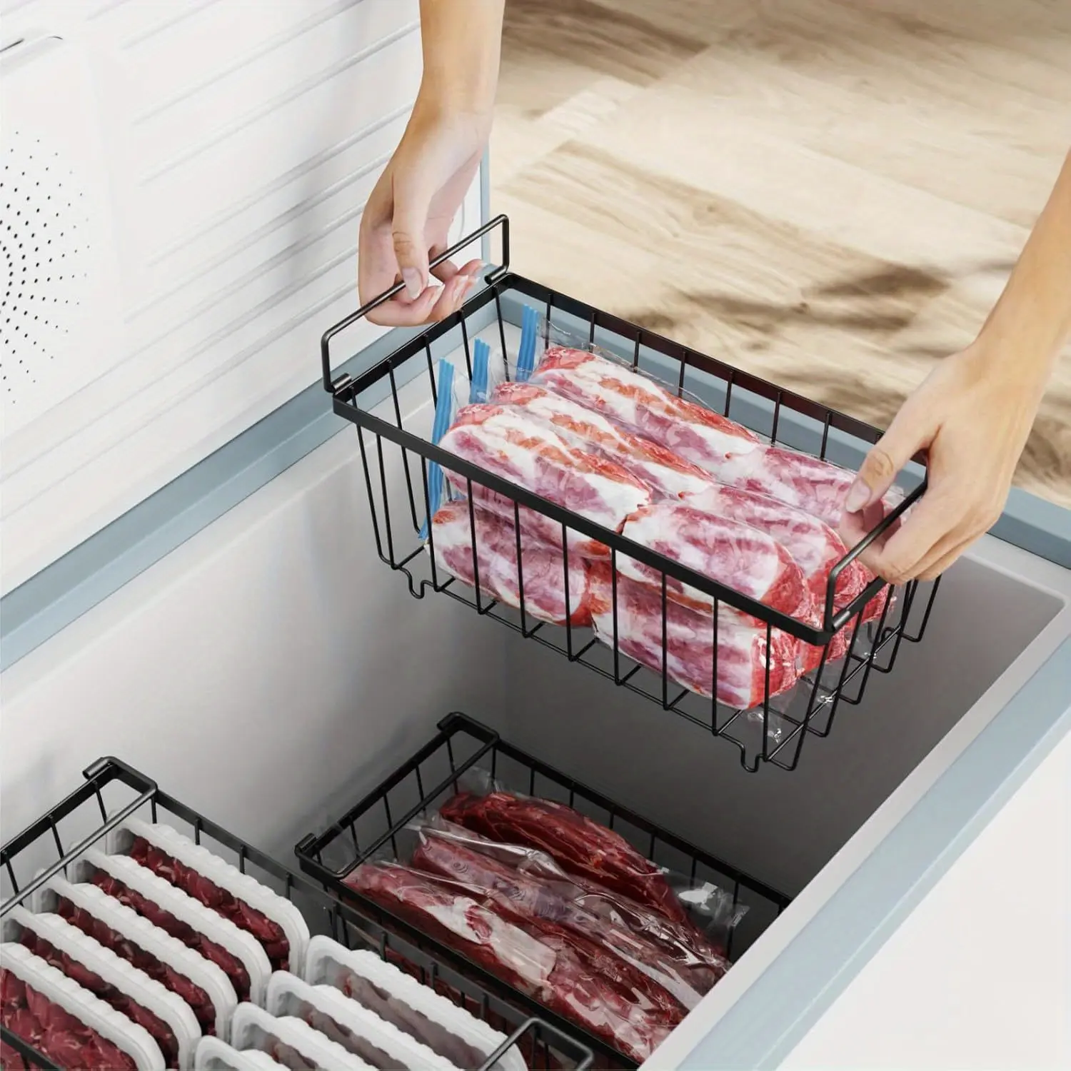 2/3/4/6packFreezer Organizer Bins Small Stackable Deep Freezer Organizer Bins for 7 Cu.Ft Freezers Easy Get Bottom Foods Without Digging, Chest Freezer Organizer Prevent Frozen Food Waste, Black