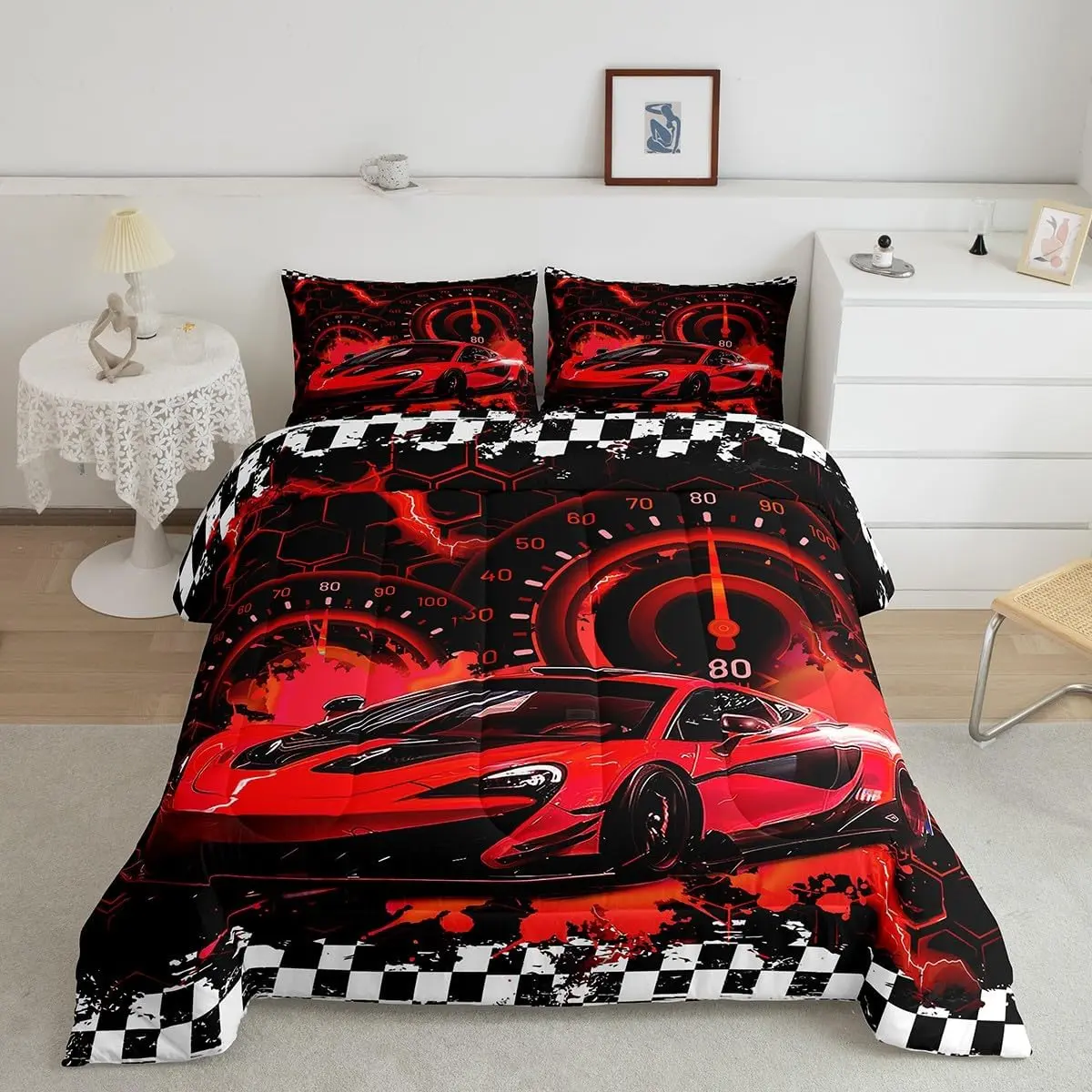 Feelyou Luxury Racing Theme Duvet Set - King, Queen & Multi-Size Options, Unique Race Car Print, Machine Washable Digital Printing, Designer Decorative Bed Cover Duvets & Sets, Bedroom Textile