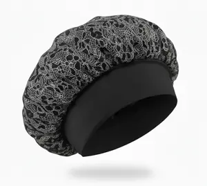 Satin Bonnet with Lace Print — Wide Band Sleep Cap for Natural Hair, Curls & Braids | Black