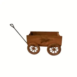 Rustic Four-Wheeled Handcart Planter, Iron Rusted with Wheels, Handles, Pastoral Country Style Metal Flower Cart, Ornamental Planter Stand for Indoor and Outdoor Use, Outdoor Planters, Patios and Balconies, Home Decoration