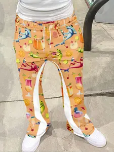 Tiki Cocktail Frog Print Bell Bottoms, Tropical Retro Casual Long Pants, Geometric Pattern, Fitted Style, All Seasons