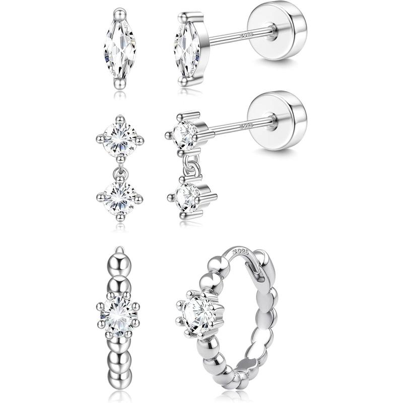 ZELORES 3 Pairs Sterling Silver Flat Back Earrings for Women Trendy Small Hoop Huggie Earrings CZ Cartilage Stud Earrings Set White Gold Plated Tragus Helix Earrings Piercing Jewelrys