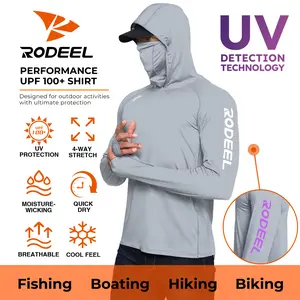 RODEEL 936 Sun Hoodie Shirts w/ UV Detection Men UPF 100+ Sun Protection Long Sleeve Lightweight Quick Dry Moisture Wicking Breathable Cooling Activewear w/ Neck Gaiter Thumbhole for Outdoor Sport Fishing Biking Boating Roofing, Holiday Gift