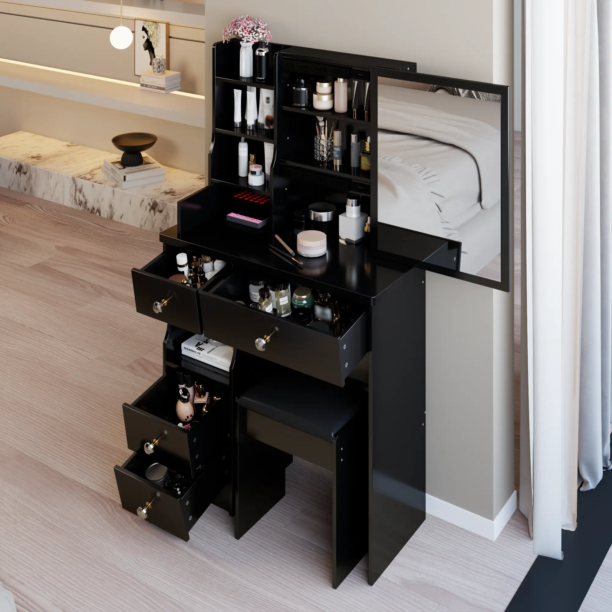Vanity Table Set with Sliding Mirror and Stool, 29.2" Wide, Left Drawer, Multi-Layer Storage, MDF, Black, American Design, Compact for Small Bedrooms
