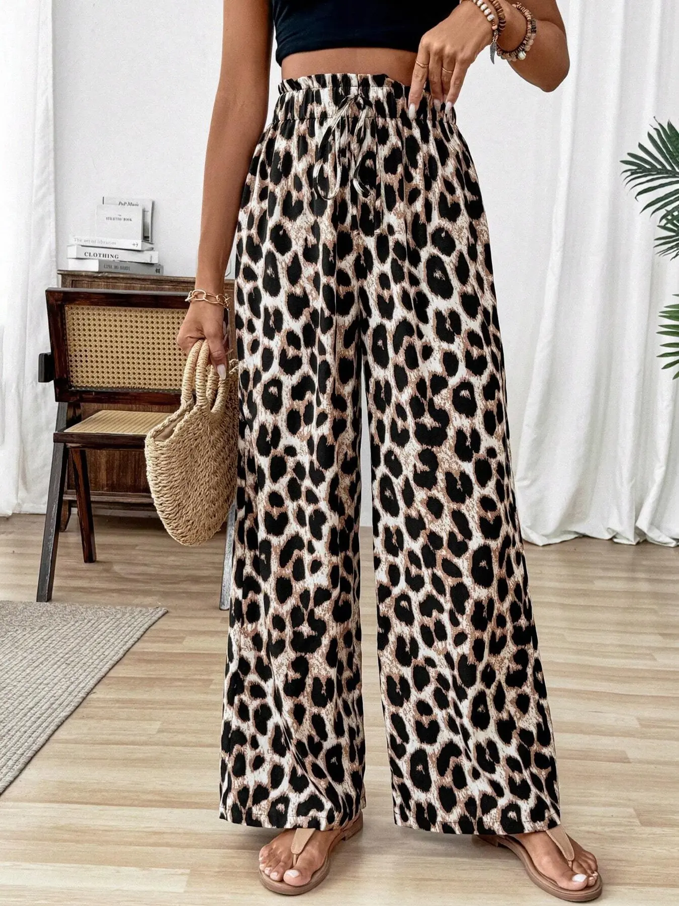 Women's Leopard Print High Waist Palazzo Loose Wide Leg Pants, Elastic Drawstring Adjustable Casual Trousers, Comfortable and Stylish Bottoms for Everyday Wear