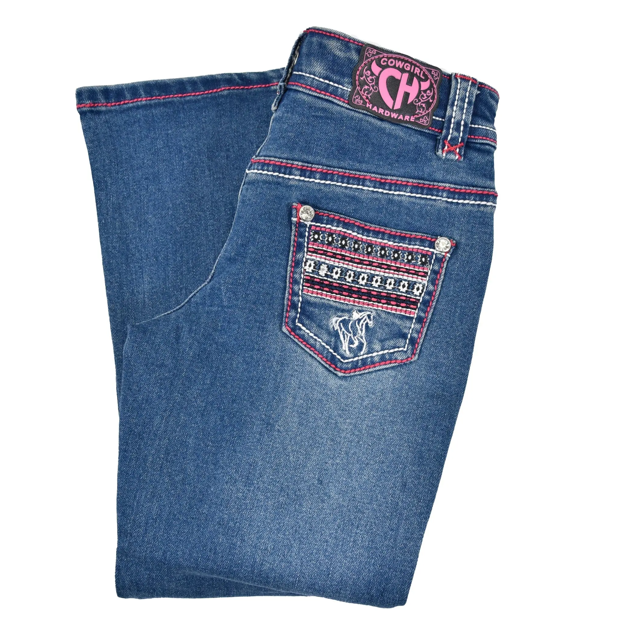 Cowgirl Hardware Toddler Embroidered Detail Aztec Rider Jeans, Pink Medium Wash, Cotton-Polyester Women's Bottom