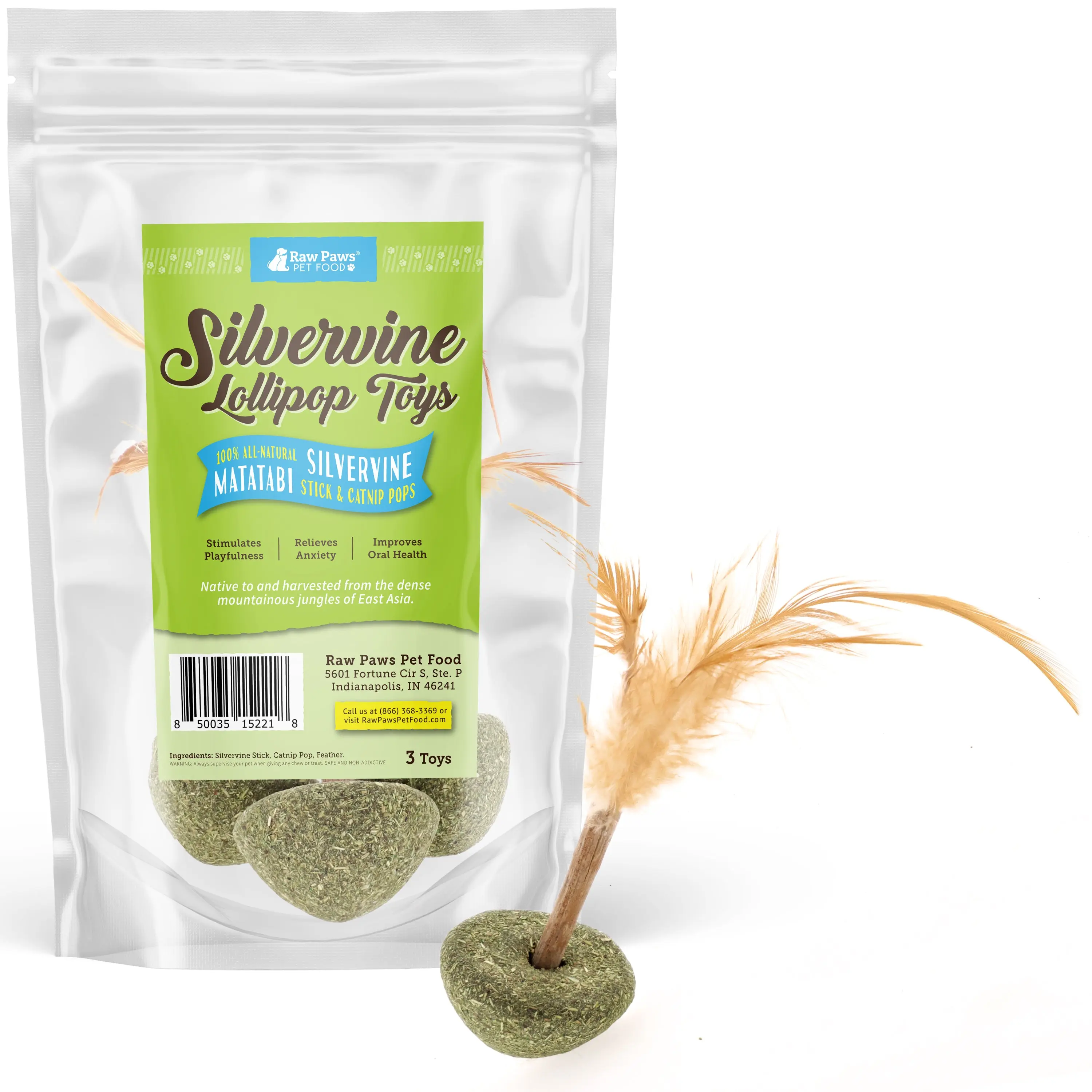 Natural Catnip & Silvervine Lollipop Feather Cat Toys, 3-ct