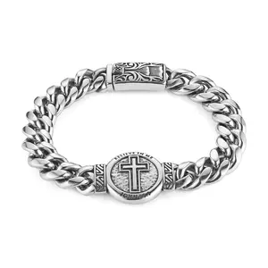 HZMAN 8.5Inch Cuban Chain Bracelet Classic 12mm Stainless Steel Bracelet for Men Biker Retro Cross Link Bracelet Jewelry Gift