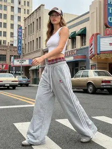Men's & Women's Grey Plaid Waist Wide Leg Basic Sweatpants, Red Plaid Double Waistband, White Side Stripes, "Los Angeles" Heart Embroidery, Easy To Pair With Hoodies & Tees, Perfect For Casual & Street Style, Activewear