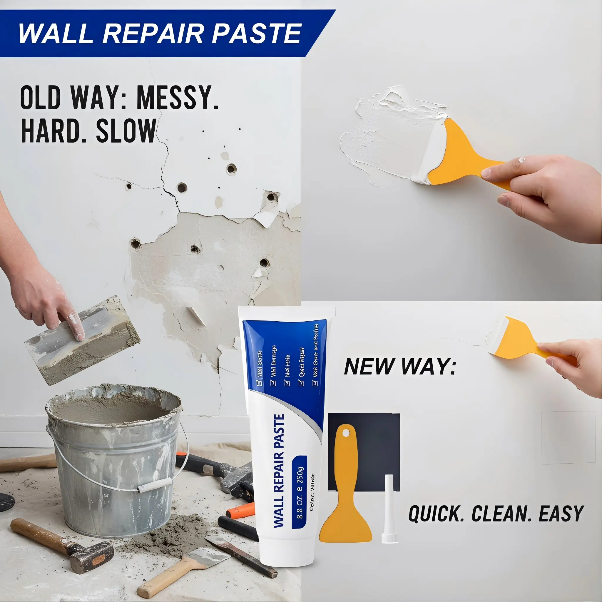 250g Drywall Patch Repair Paste, Quick-Drying Wall Crack Filler, Waterproof Wall Repair Compound, Heavy Duty Concrete Mending Adhesive White Spackle Kit