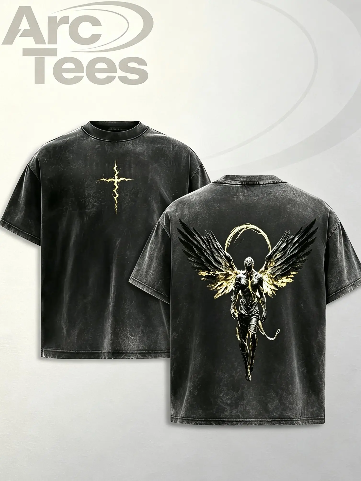 [ArcT] Vintage Washed Angel Wings T-Shirt, Dark Angel Graphic Tee, Religious Cross Shirt, Oversized Cotton Top, Christian Shirt, Retro Streetwear Merch, Gothic Outfit, Men Casual Cotton Tee, Unisex Fantasy Shirt, back to school shirt