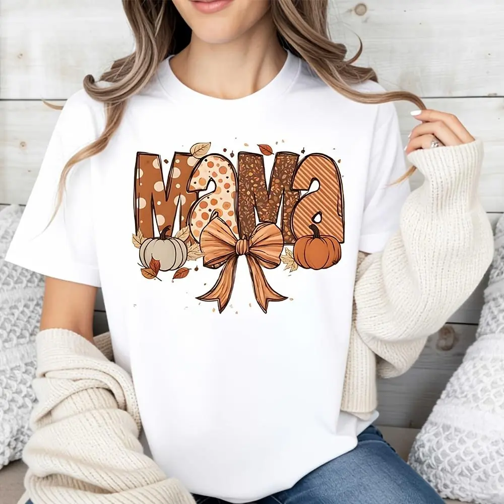 Mama Pumpkin Bow Print Raglan Long-Sleeved T-Shirt, Fall Autumn Thanksgiving Holiday, Casual Mom Gift Outfit