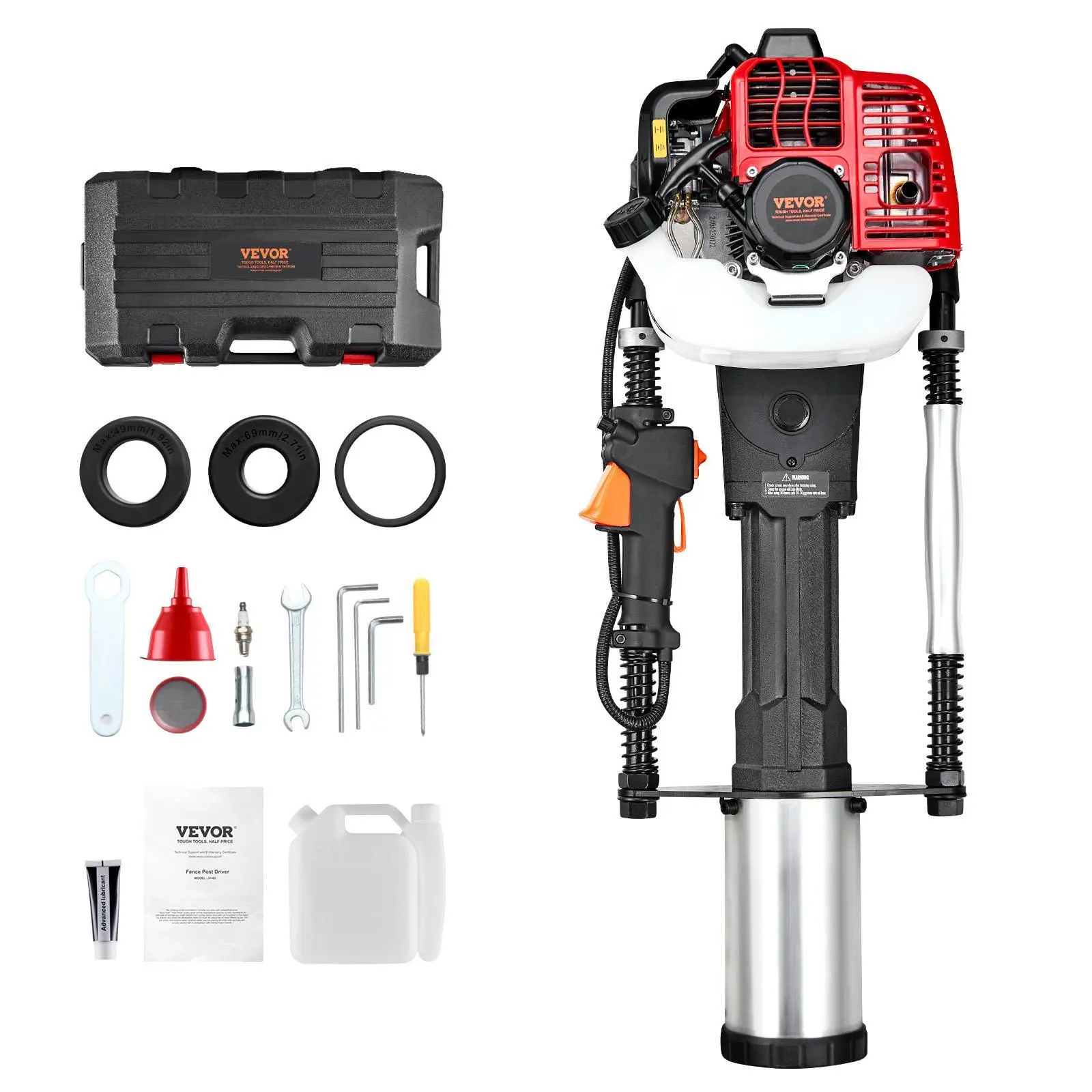 【Father's Day Gift】VEVOR 52cc Gas-Powered T Post Driver with Handle, 2-Stroke 1300W 7000rpm Drive Engine, Portable Gasoline Fence Piling Pounder with 3 Post Driving Heads (49/69/100mm), for Farm, Ranch Fencing