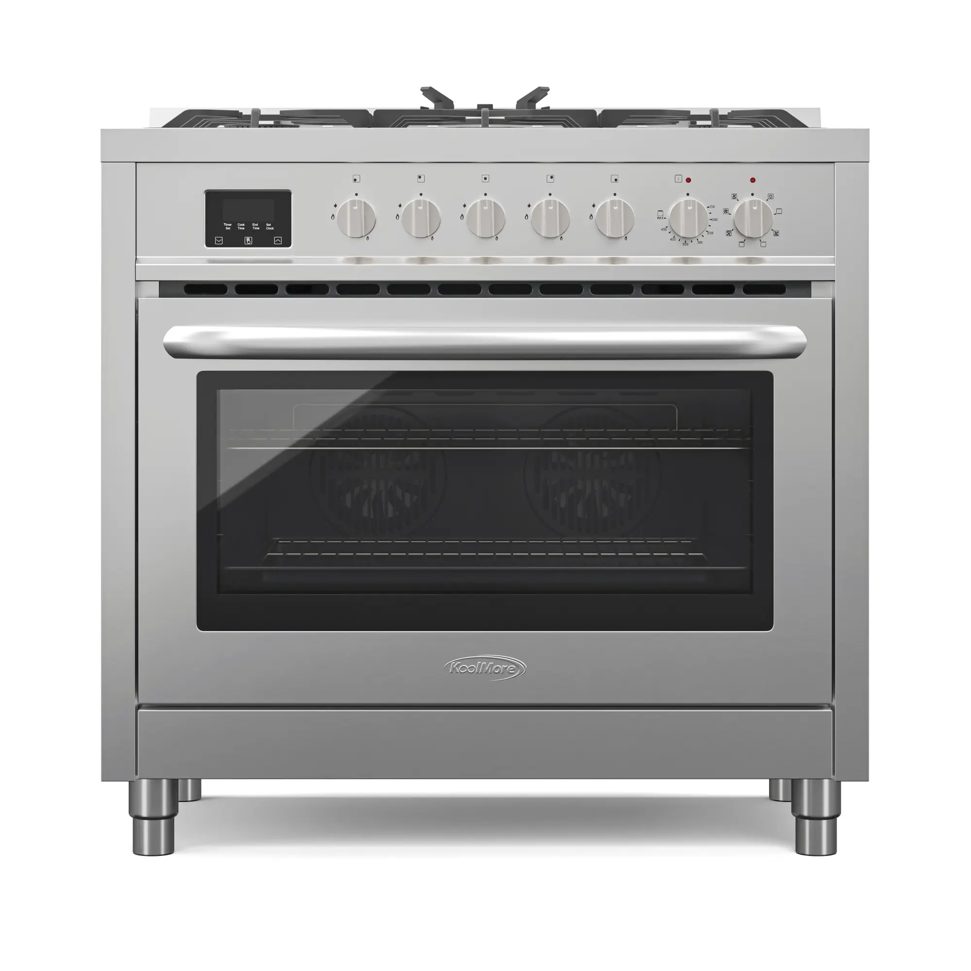 KoolMore 36-Inch Professional Dual Fuel Range - Stainless Steel with 4 Leveling Legs, Sealed Brass-Capped Burners, Cast Iron Components, Factory-Set NG Use, LP Kit, Pre-Set Modes, Convection Cook, In-Oven Broil, 186 lbs, 240V, 60Hz, 35.4”x25”x35.4”