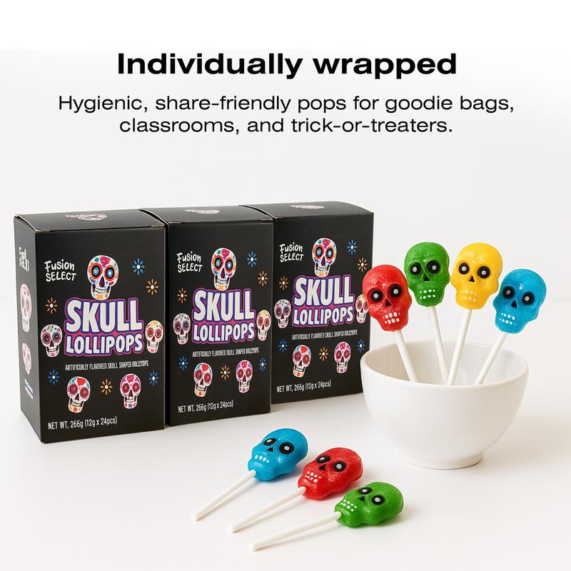 Fusion Select 24 Pcs Sugar Skull Lollipops - Colorful Halloween & Day of the Dead Candy - Individually Wrapped Novelty Treats for Kids - For Trick or Treat, Themed Party Favors & Celebrations Traditional Sweet Snack