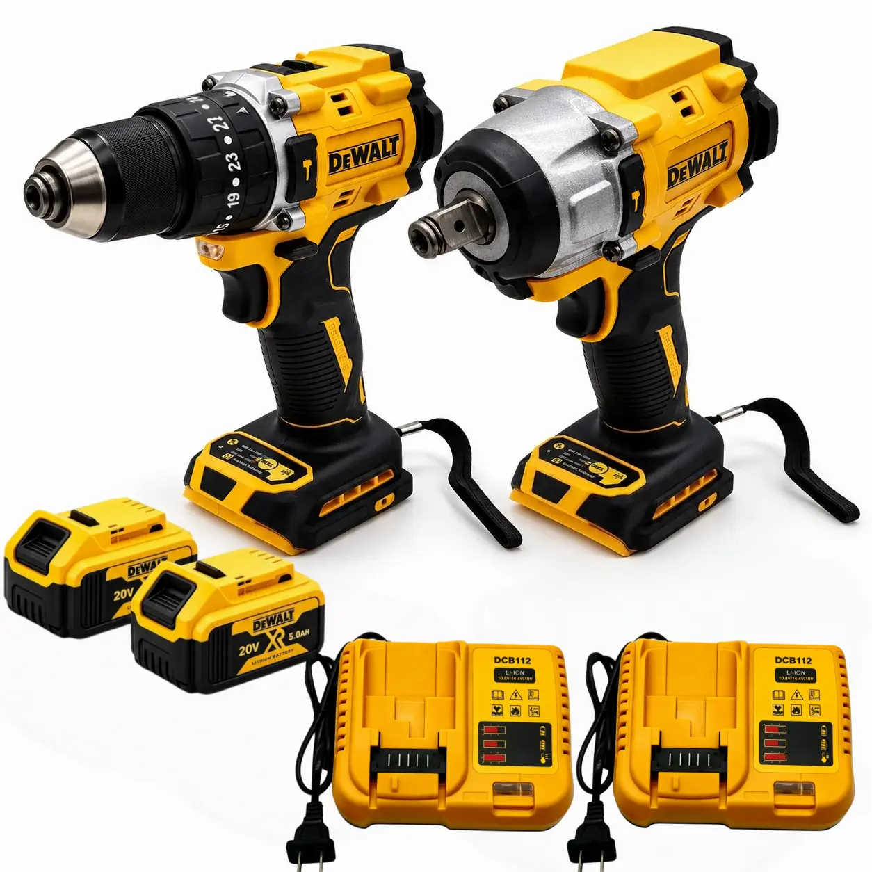 【DeWalt】 Combo Kit — DCF880 Impact Wrench (203Nm, 3300 RPM) + DCD794 Drill (1/2" chuck, 1.5-10mm). Both 20V brushless, with 2 batteries and 2 chargers. Built for heavy-duty jobs and everyday DIY.