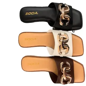 WOMENS SLIDE SANDAL WITH GOLD CHAIN DETAIL LINKED