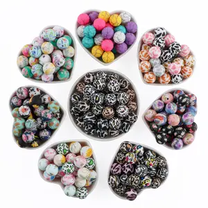 45PCS Round Silicone Beads 15mm,Pink Yellow Black Sunflower Leopard Butterfly Cow Print Silicone Beads for Keychain Making,DIY Crafts