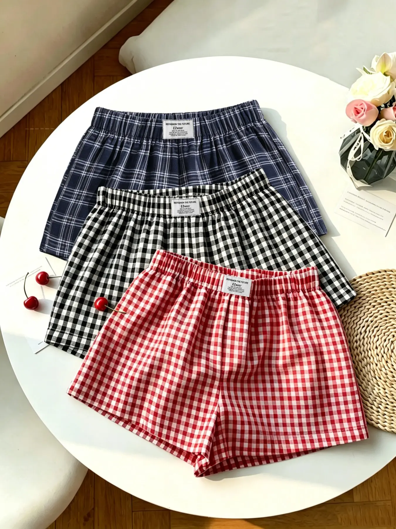 3-Pack Summer Casual Striped Shorts, Loose-Fit Elastic Waist Stretchy Women's Bottoms, Everyday Wear Sporty Style, Comfortable and Trendy, Casual Plaid Shorts, Checkered Casual Shorts, Casual Fashionable Shorts